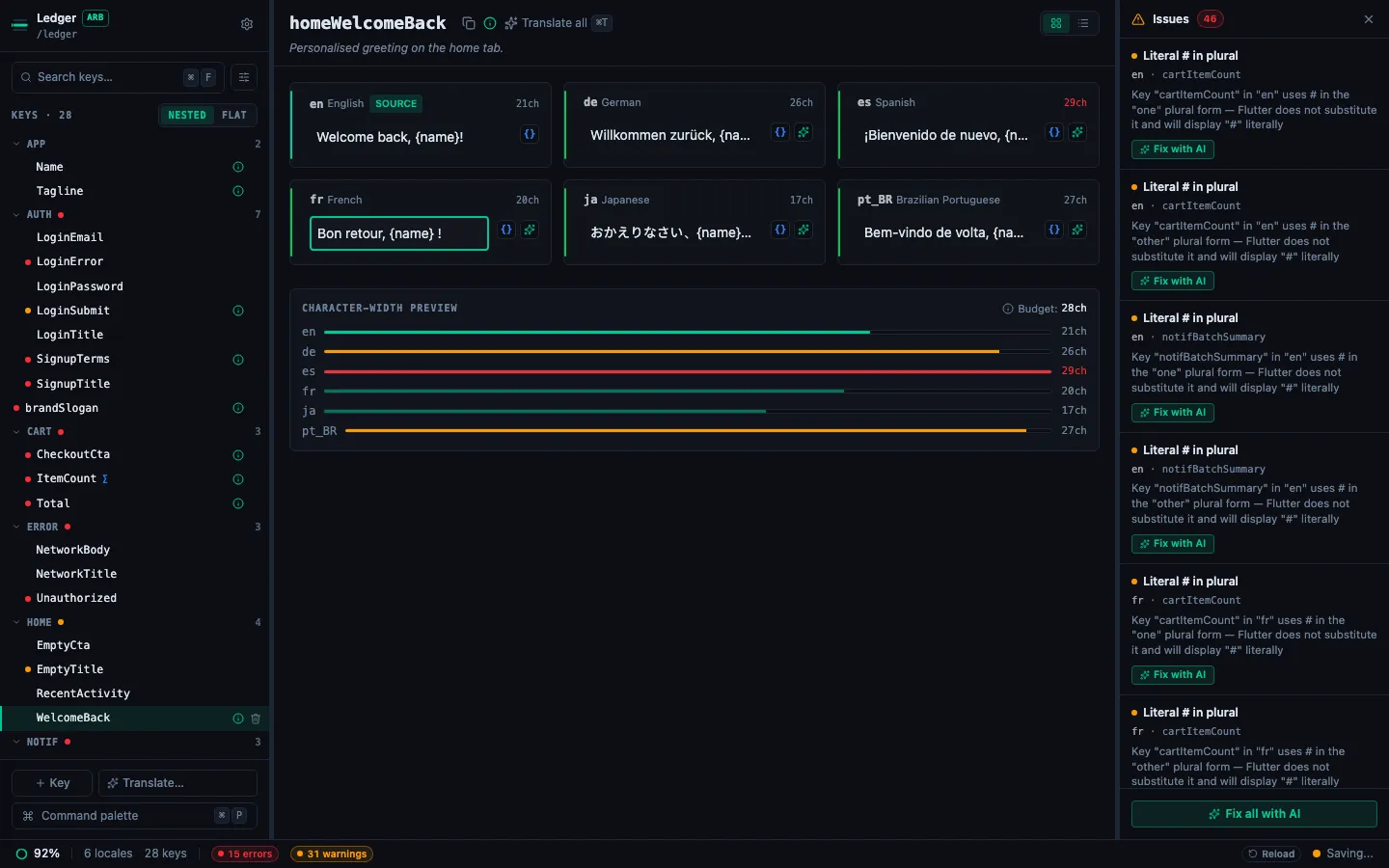 The French cell open for inline editing with the value Bon retour, {name} !, every other locale still visible around it, and the status bar reading Saving…