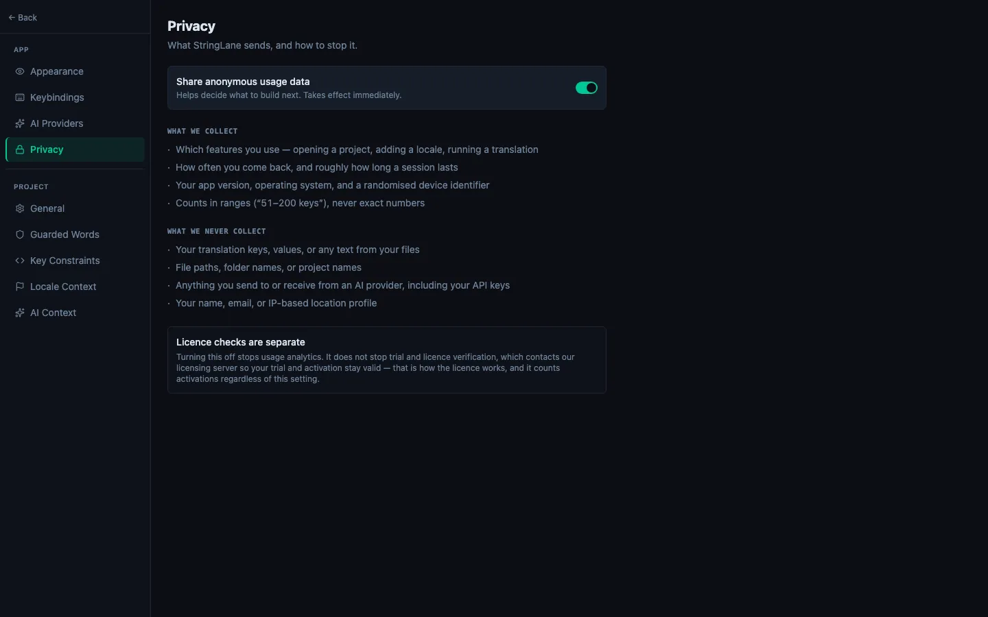 Settings → App → Privacy: the Share anonymous usage data toggle above the collected and never-collected lists