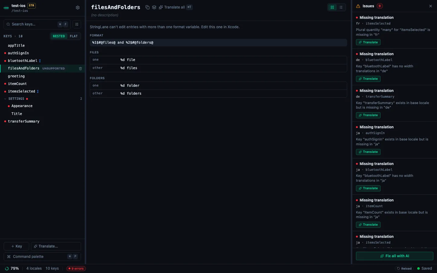 The read-only panel for filesAndFolders: the message that StringLane can't edit entries with more than one format variable, the format string, and the files and folders variables each listed with their one and other forms