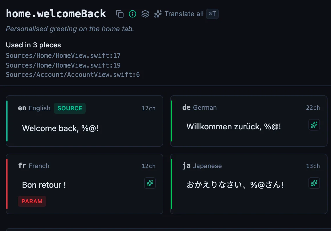 The StringLane app showing the key home.welcomeBack, used in three places in Swift files, with four locale cards: English, German and Japanese in place and French flagged PARAM.