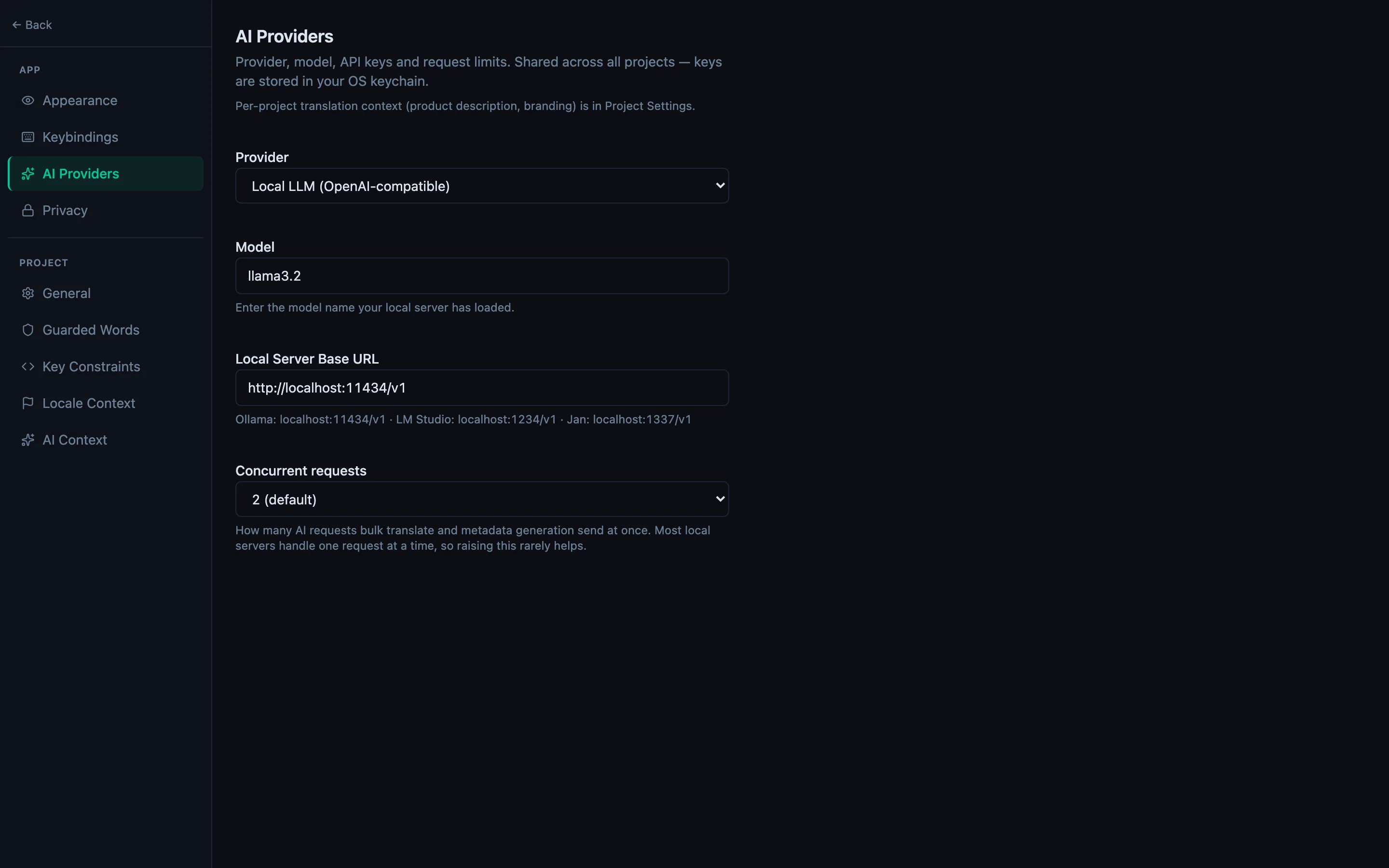StringLane settings on the AI Providers page: the provider set to a local model that is OpenAI-compatible, the model llama3.2, and a local server base URL of localhost:11434.