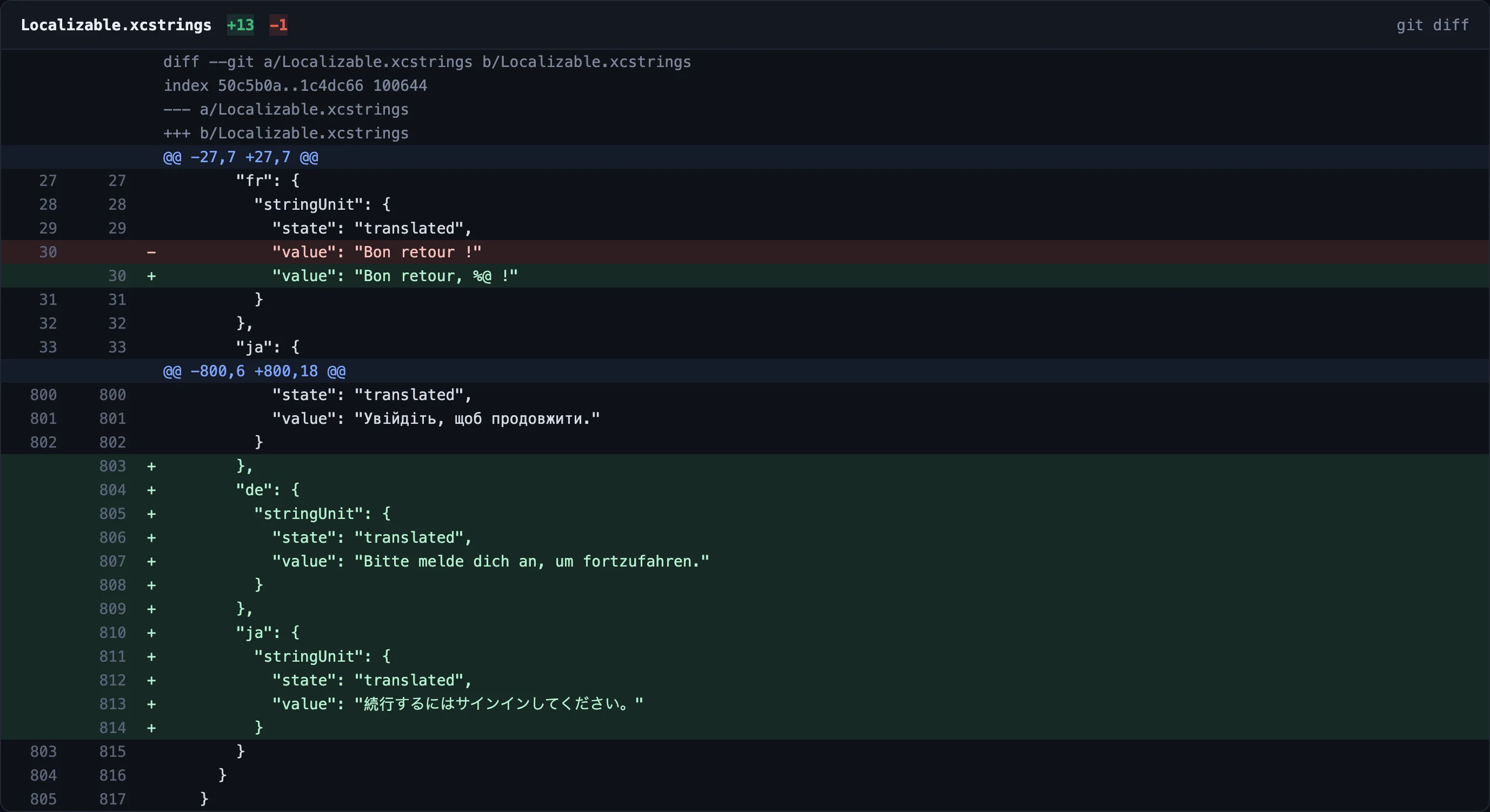 A git diff of Localizable.xcstrings after editing in StringLane: 13 lines added and 1 removed, one French value changed to include the %@ placeholder, and German and Japanese entries added.