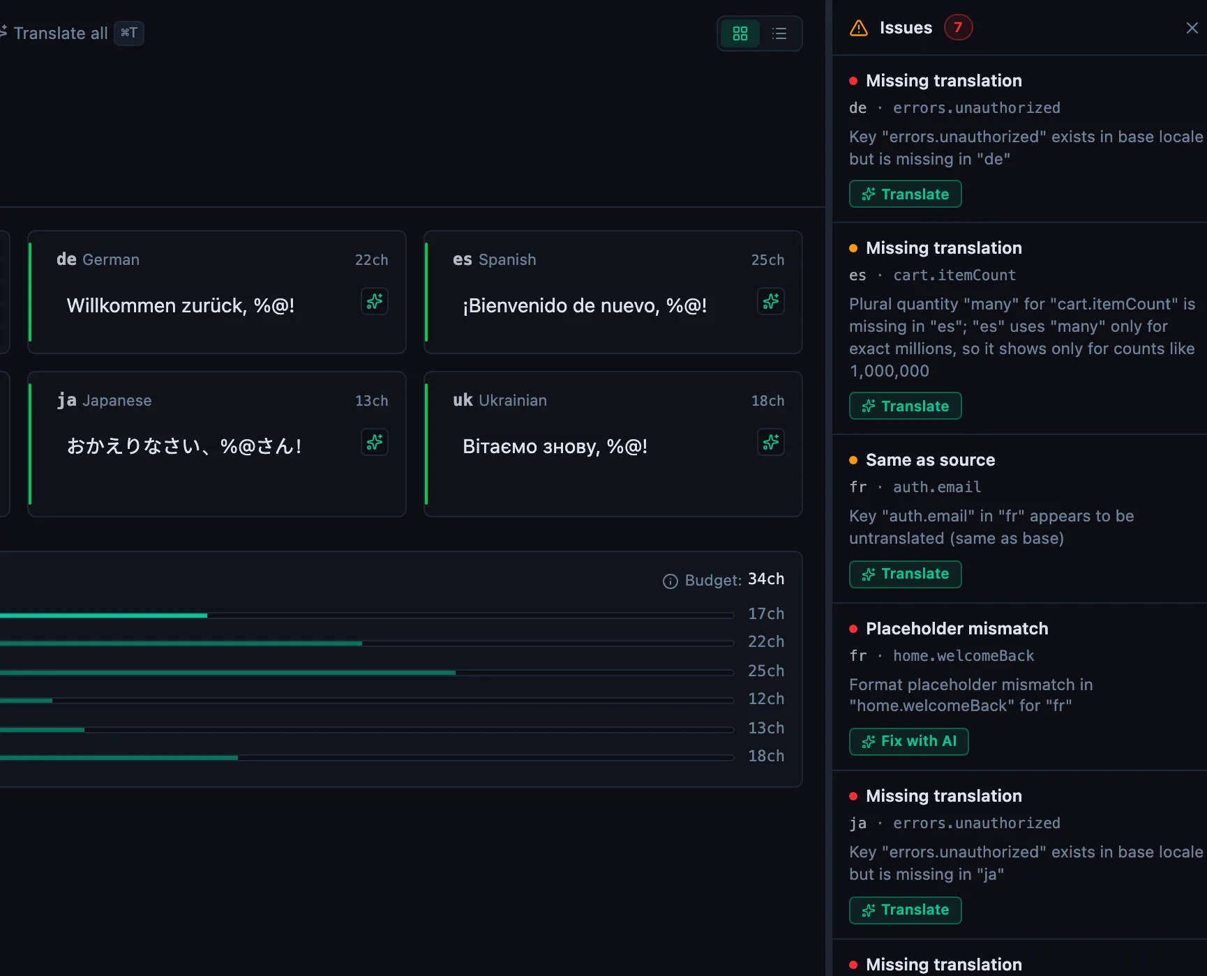 The StringLane editor open on a sample iOS project: one key in several languages side by side, and the Issues panel listing each finding with a Translate or Fix with AI button.