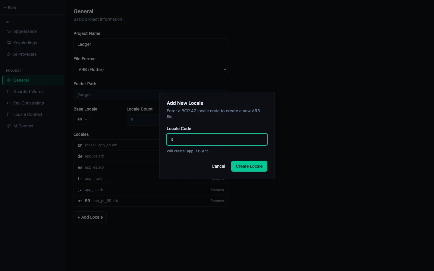 Add Locale sheet with preset search showing available language options