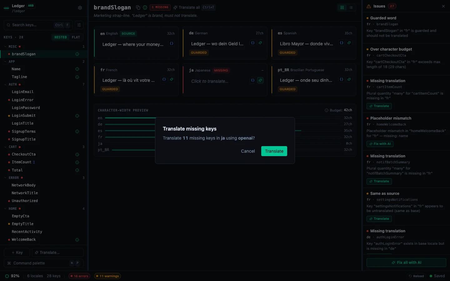 Bulk translate dialog showing progress through locale translation