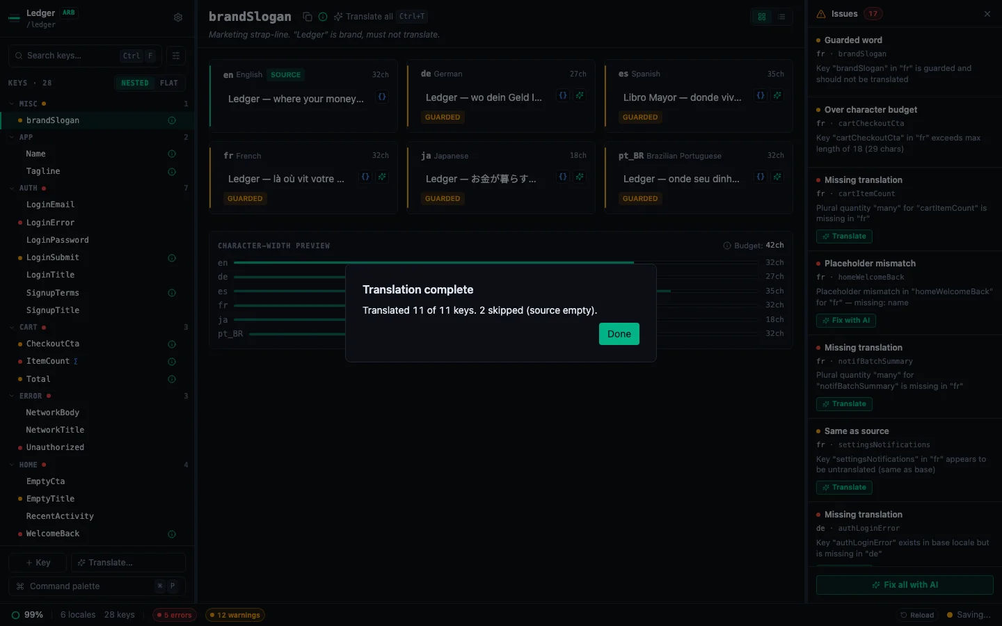 Bulk translate results summary showing translated key count and any failures