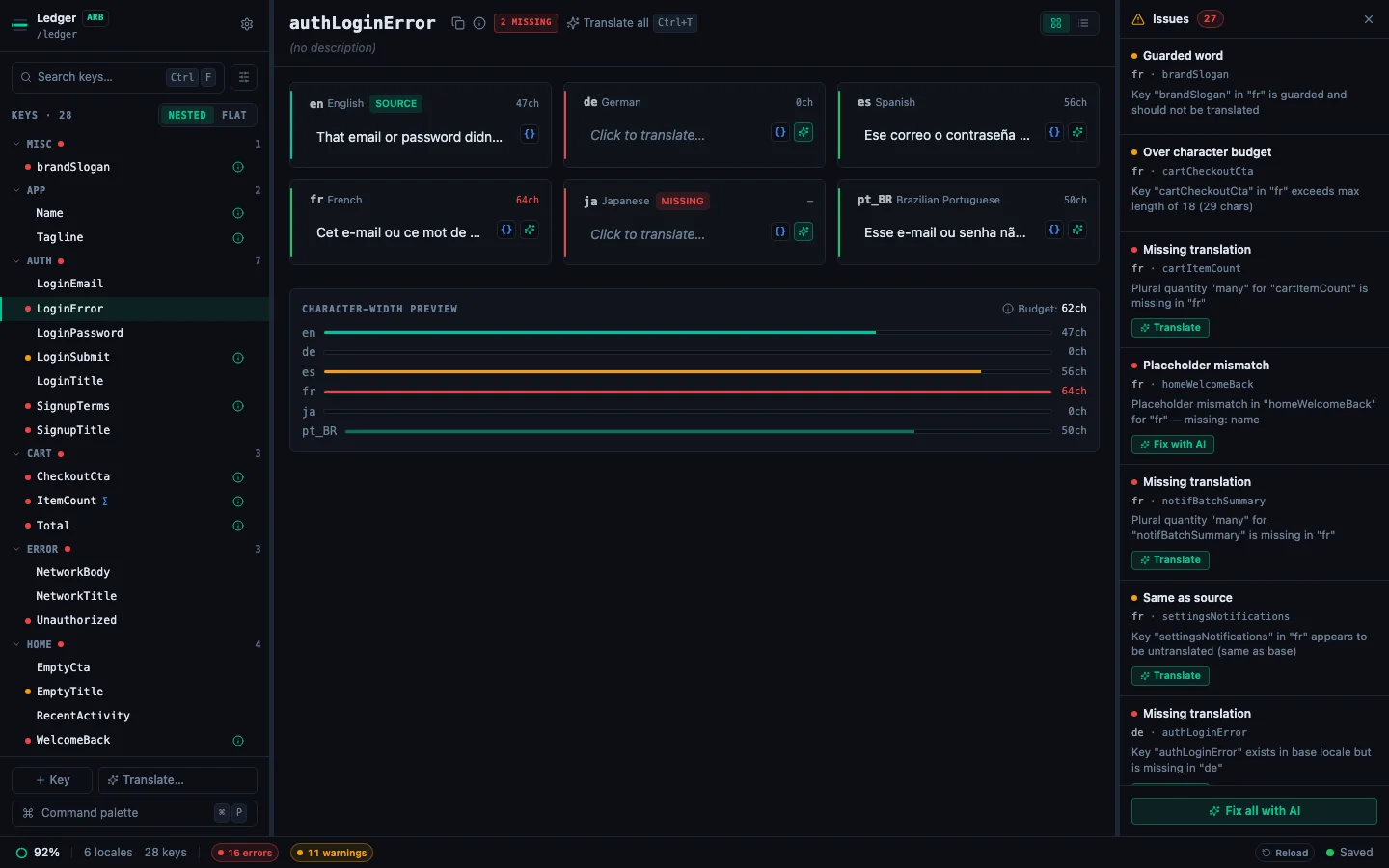 StringLane editor — sidebar of keys plus per-key detail pane with every locale visible at once