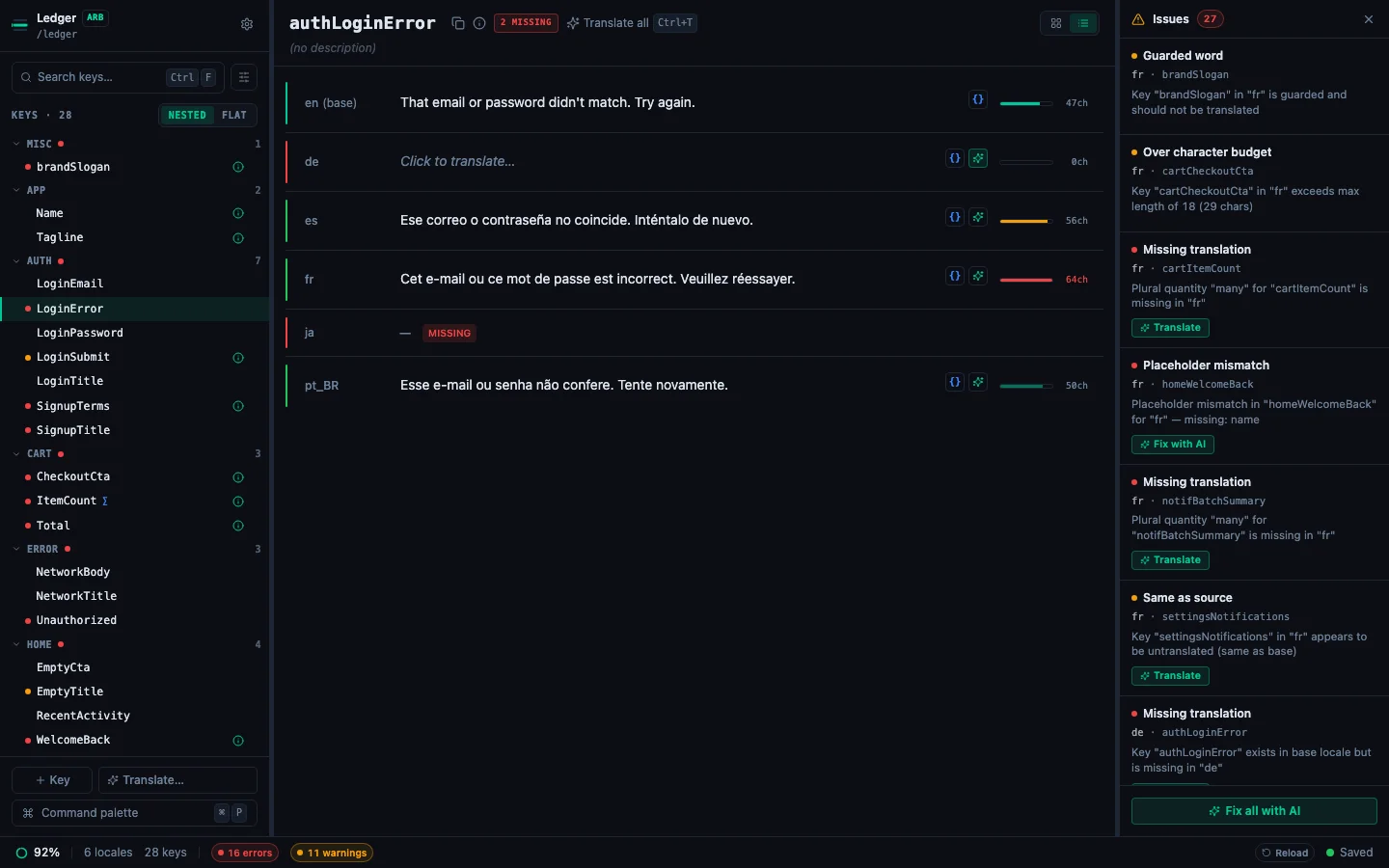Per-key detail pane in List mode with stacked locale rows and inline char-width bars