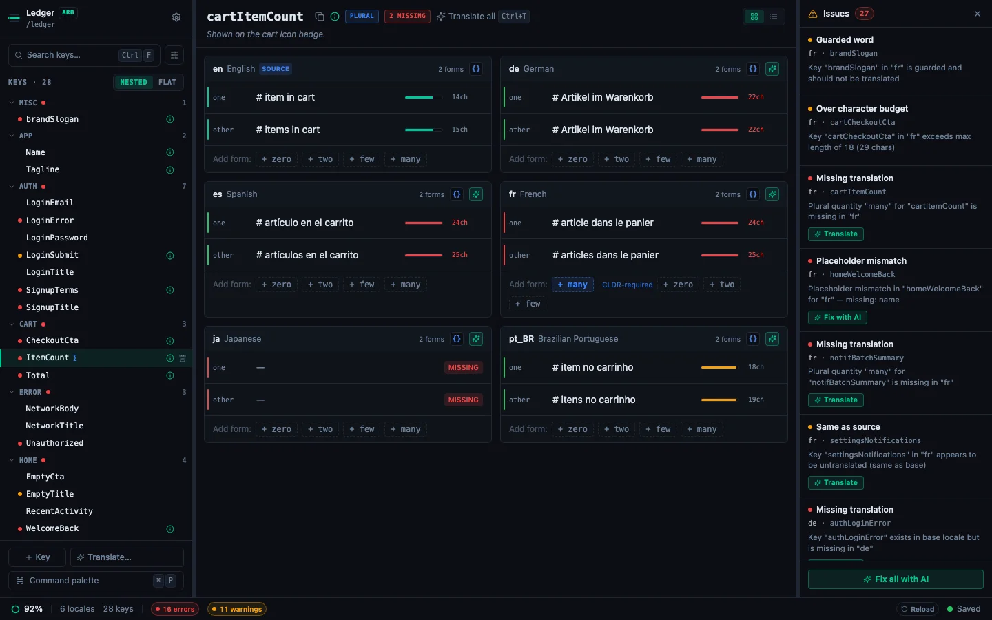 Plural key in the detail pane — per-locale panels with quantity rows