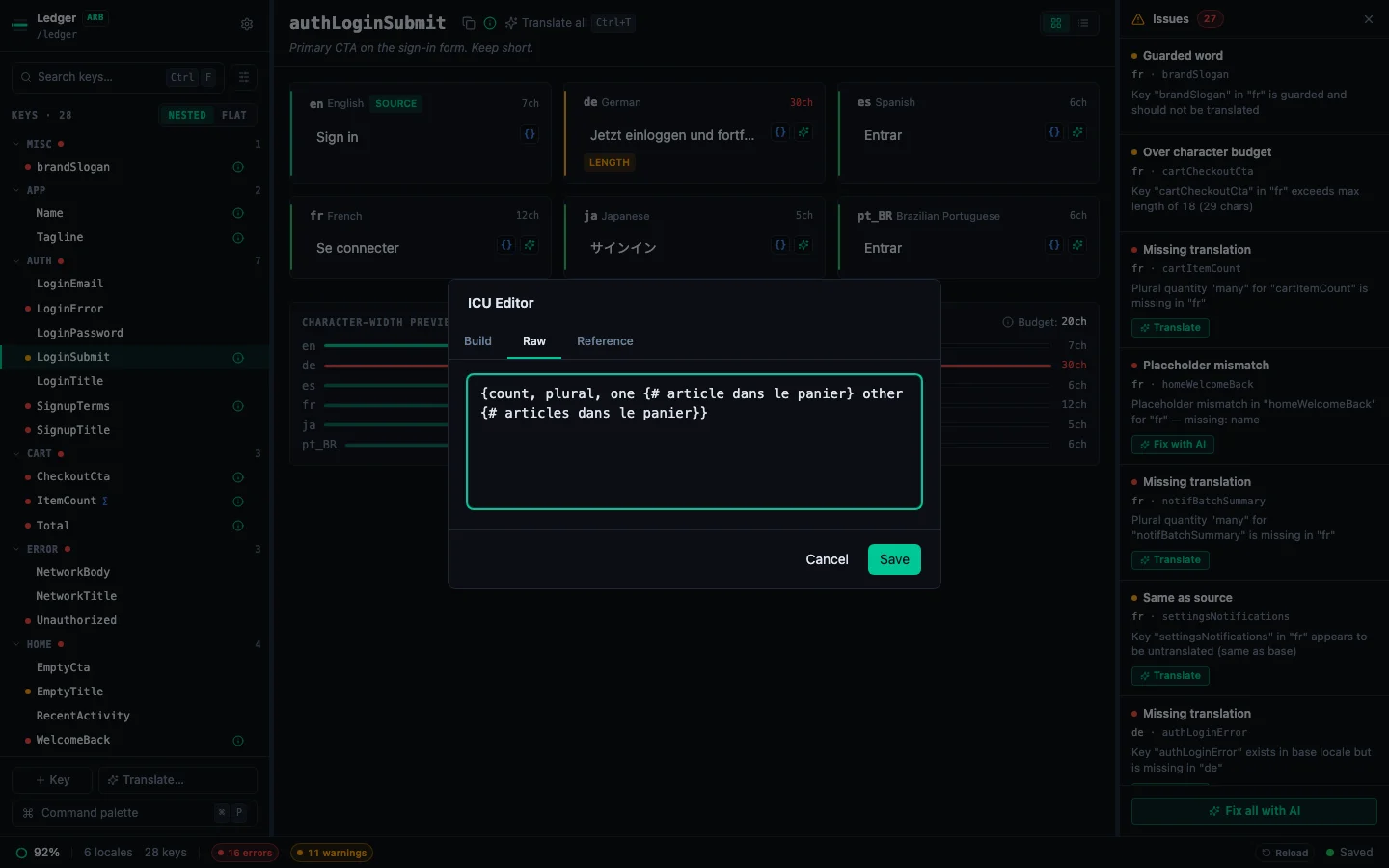 ICU editor raw tab showing the ICU MessageFormat string being edited