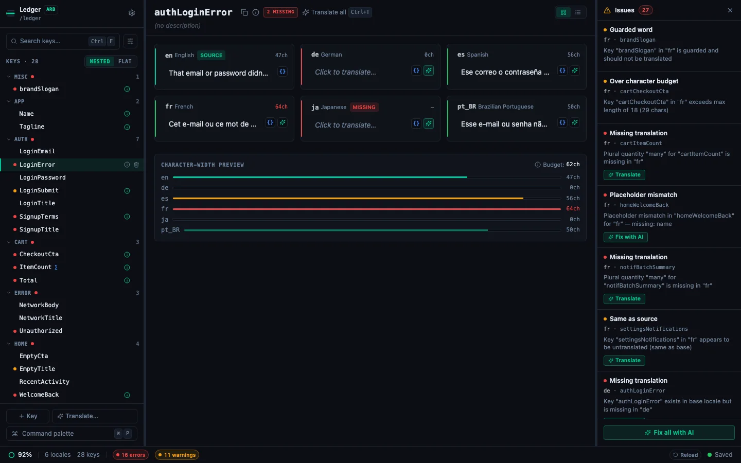 List View with a newly added locale column — every key shows a Missing badge until you translate or auto-translate the column
