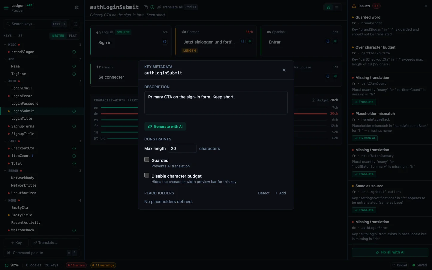 Metadata sheet open showing description and x-max-length fields being edited for a key