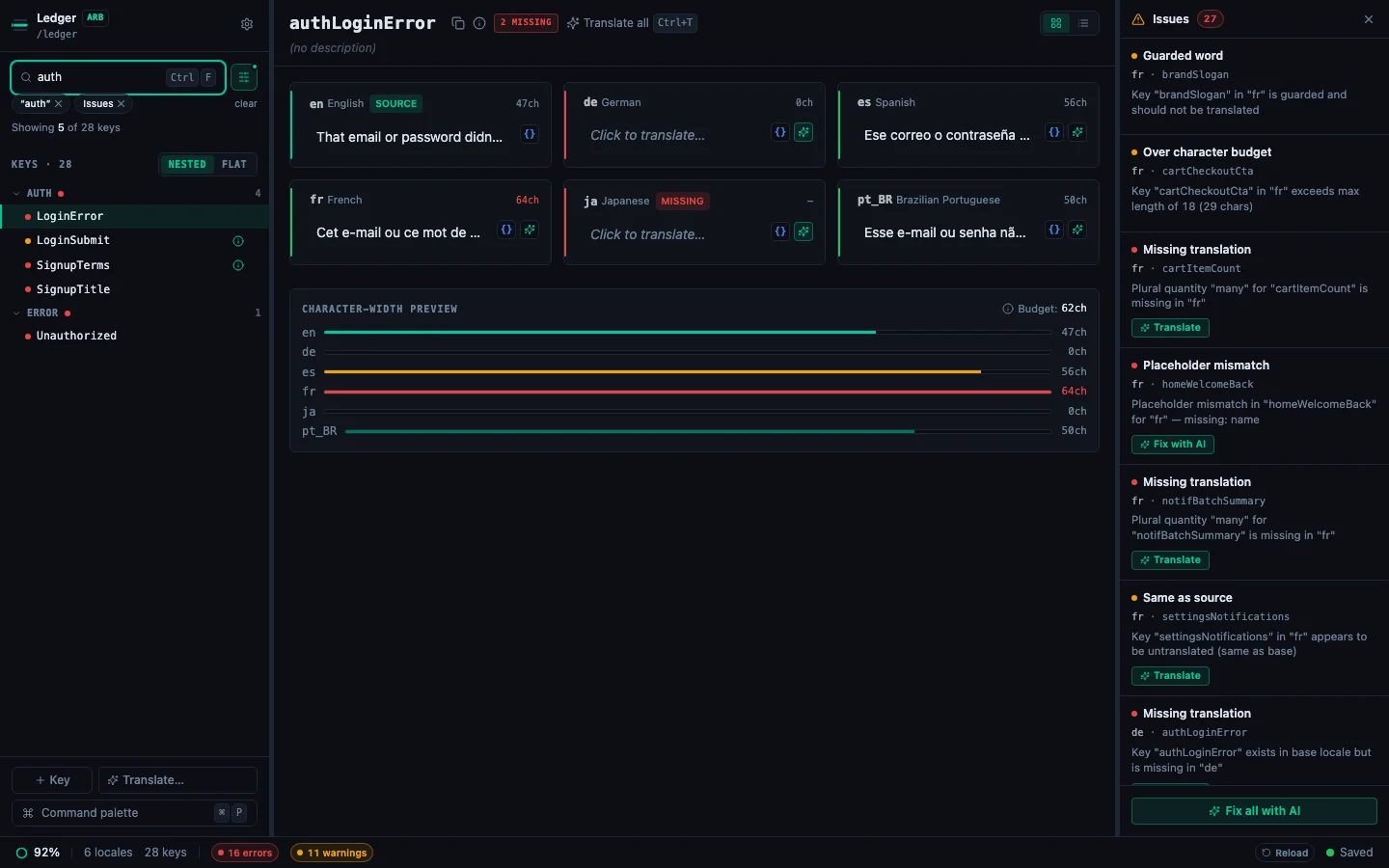 Search bar with the Issues toggle active, filtering to keys with validation errors