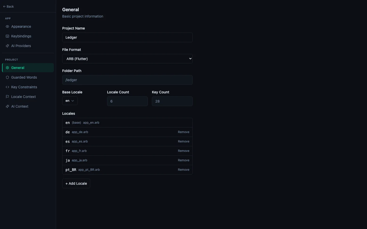 Project Settings AI tab with provider, model, and product context configured