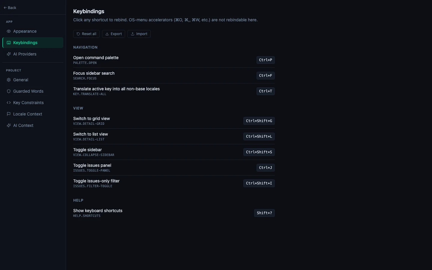 Settings → Keybindings tab with every rebindable command listed