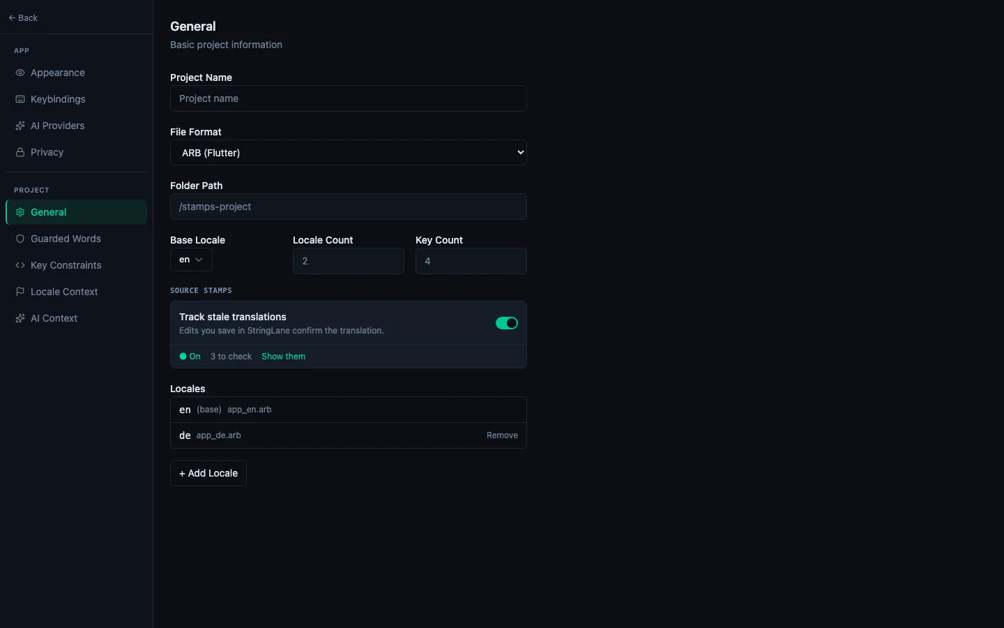 Settings → Project → General with the Source stamps section: Track stale translations switched on, and under it On, 3 to check, and a Show them link