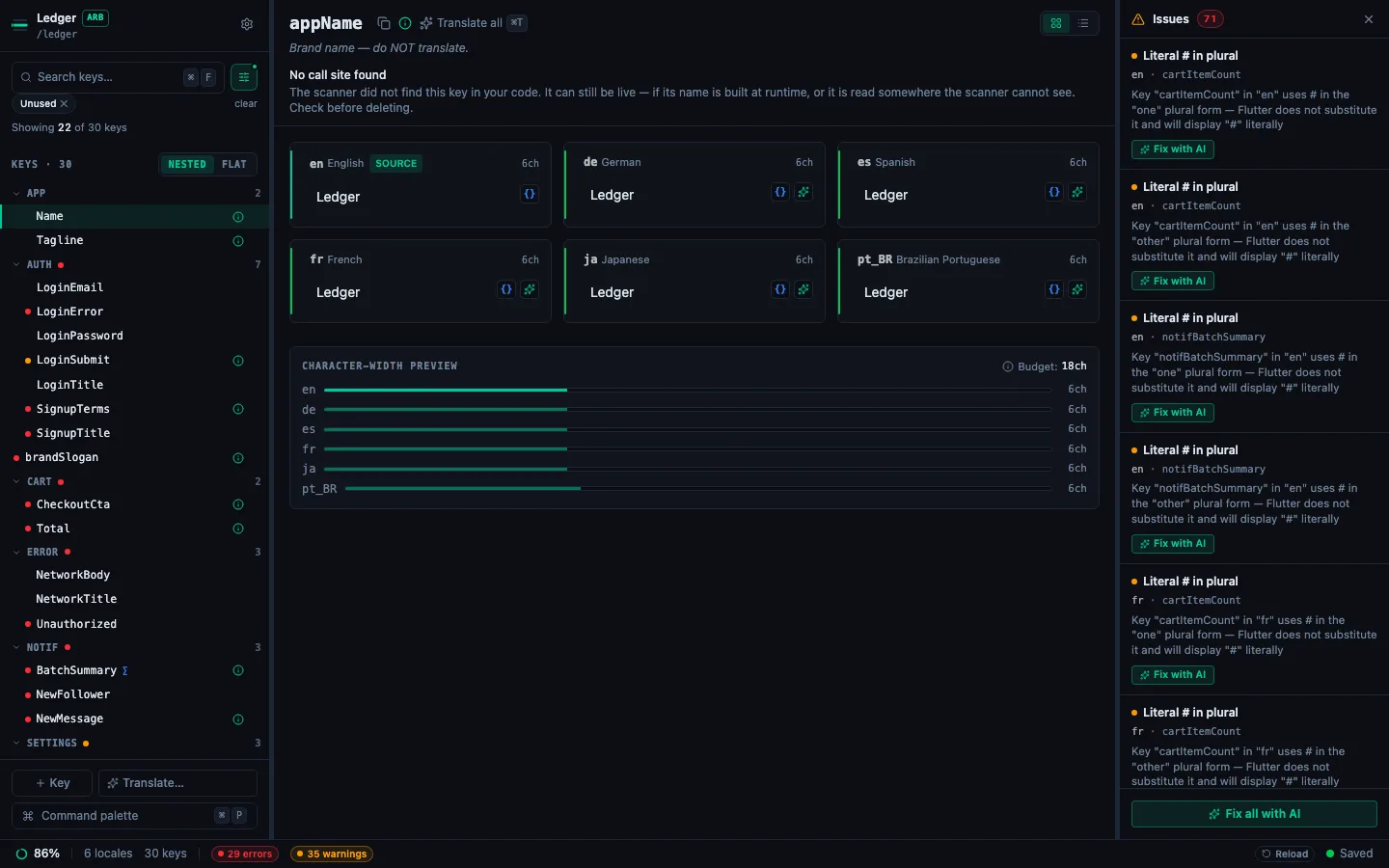 The key sidebar with an Unused chip and a clear link at the top, reading Showing 22 of 30 keys, and the key tree narrowed to the unused keys grouped by namespace
