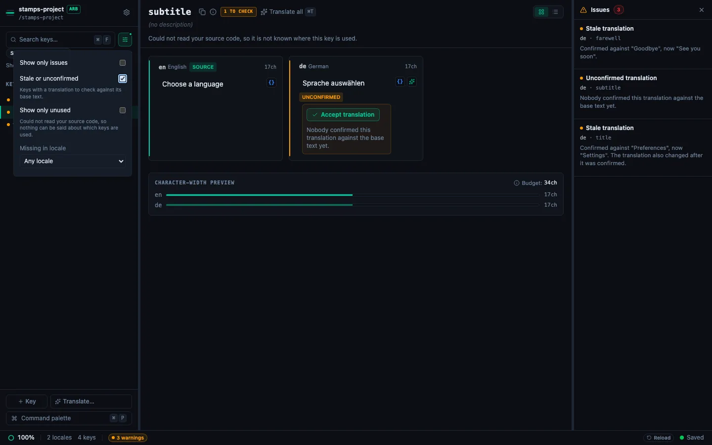 The sidebar filter popover with Stale or unconfirmed ticked, described as keys with a translation to check against its base text. Behind it, the key subtitle with its German cell marked UNCONFIRMED and an Accept translation button