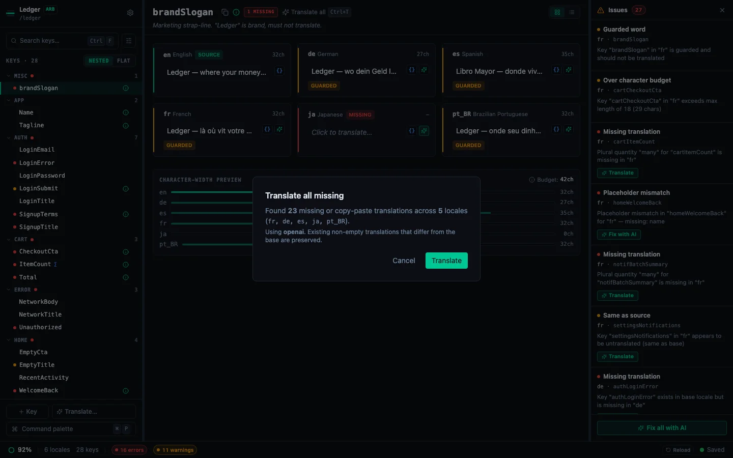 Translate all missing dialog showing the confirm phase with total count and locale list
