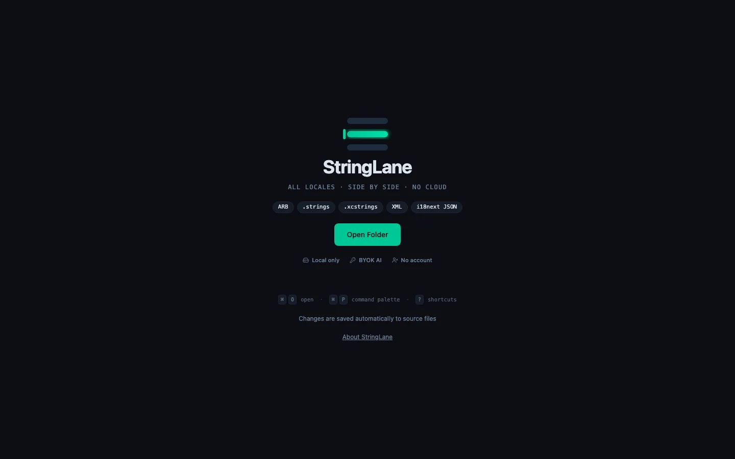 StringLane welcome window on first launch — format pills + trust row + keyboard hints